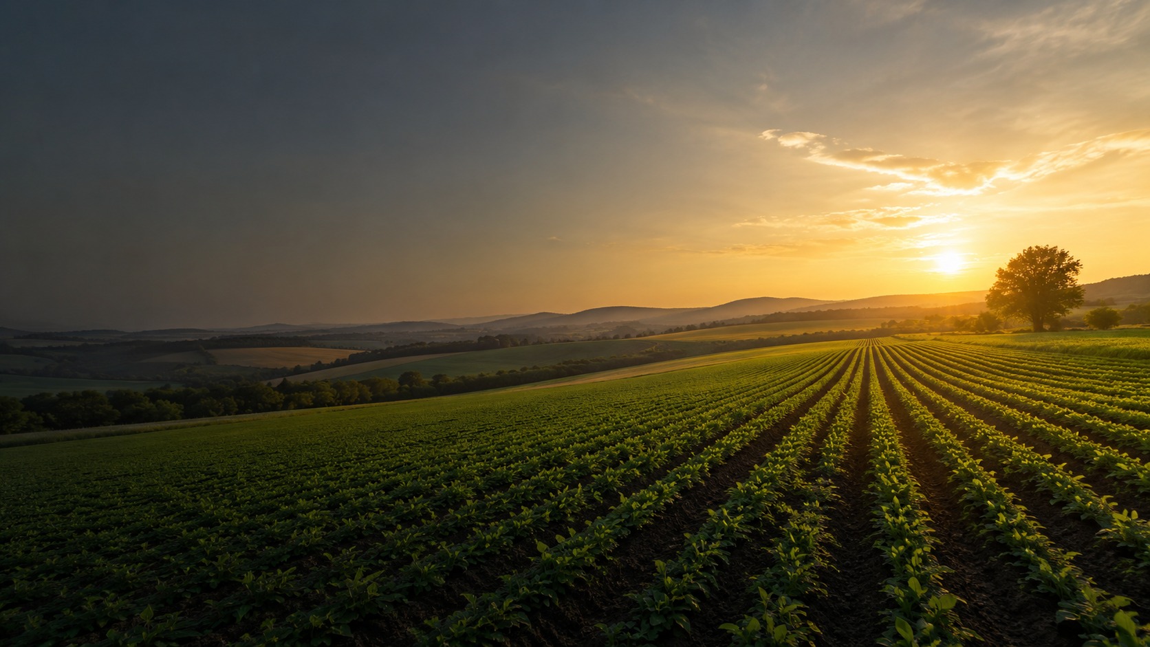 Agricultural field rows at sunset